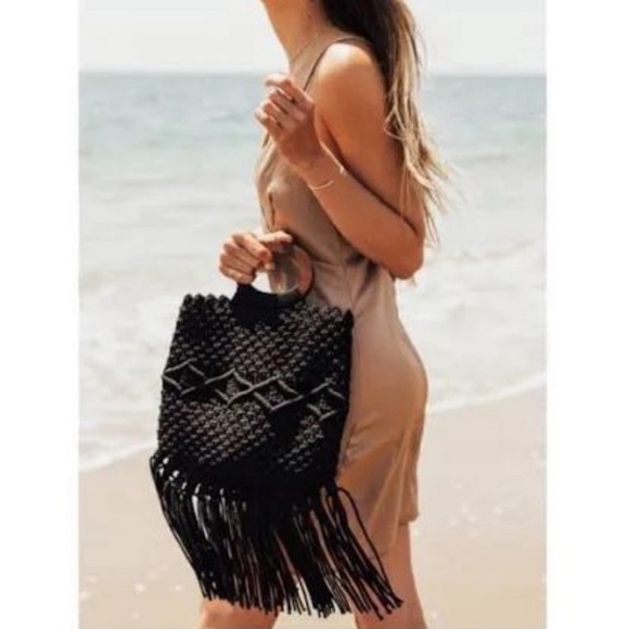 DANIELLE NICOLE | Black Macrame Crochet Crossbody Boho Bag With Wood Handles - Picture 14 of 14